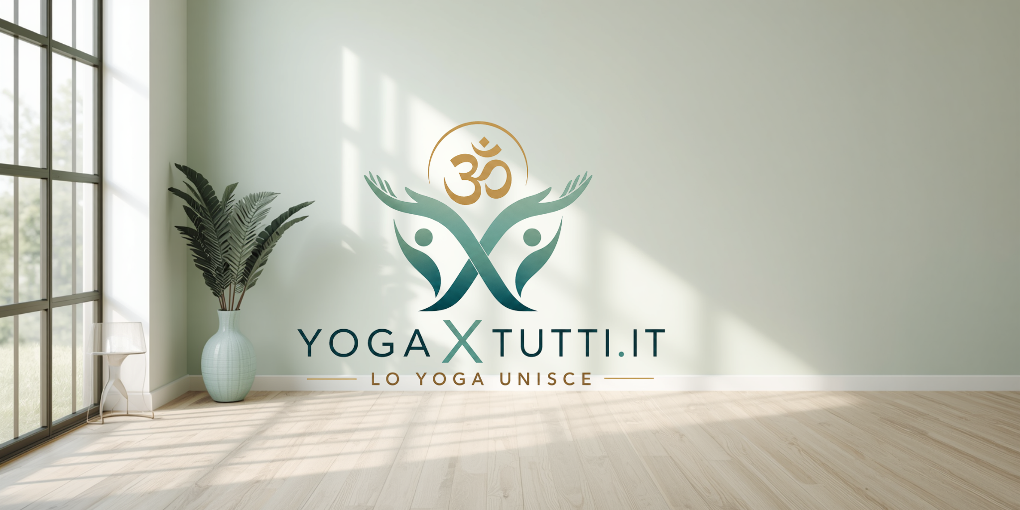 YOGA X TUTTI.IT — Lo yoga unisce, il logo originale in una stanza luminosa